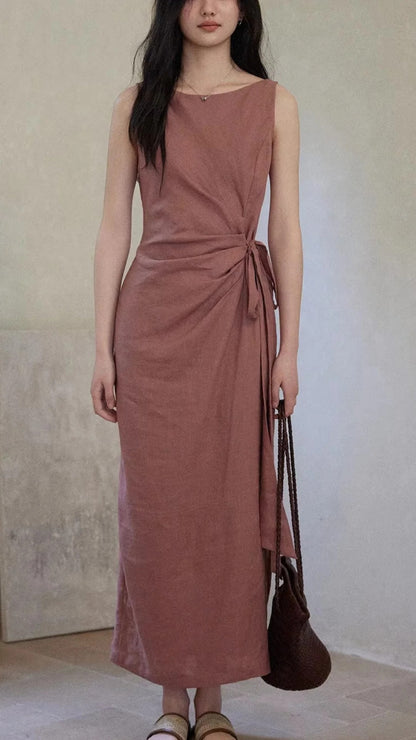 Dusty Purple Boat Neck Sleeveless Tie Waist Maxi Dresses Summer