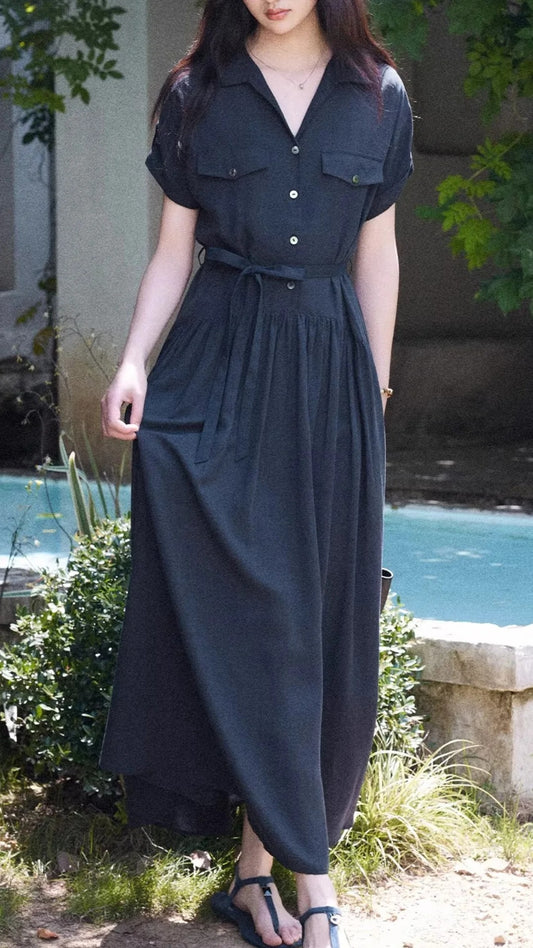 Black V-Neck Short Sleeve Belted Button Down Maxi Shirt Dress