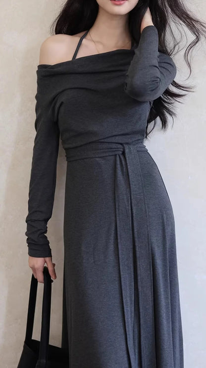 Dark Gray Cowl Neck Long Sleeve Ruched Belted Maxi Dresses  Summer