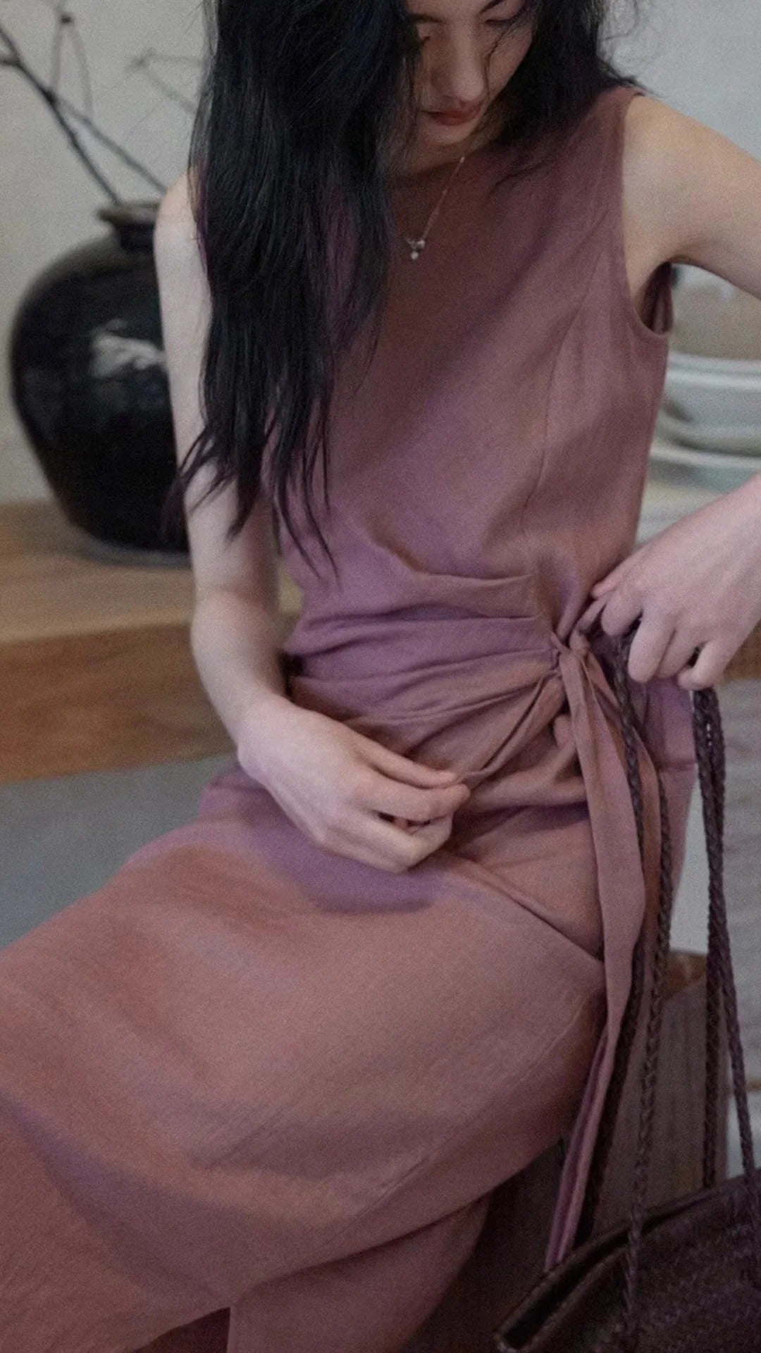Dusty Purple Boat Neck Sleeveless Tie Waist Maxi Dresses Summer