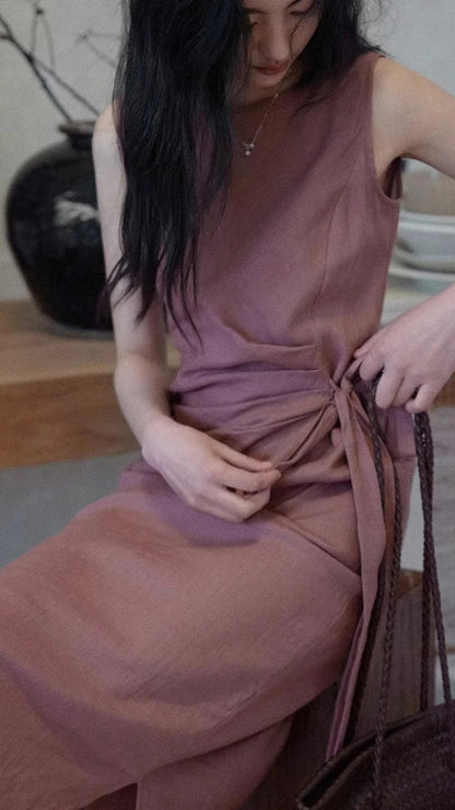 Dusty Purple Boat Neck Sleeveless Tie Waist Maxi Dresses Summer