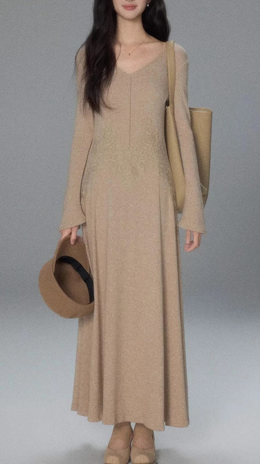 Beige V-Neck Long Sleeve Lace Patchwork Fitted Maxi  Dress