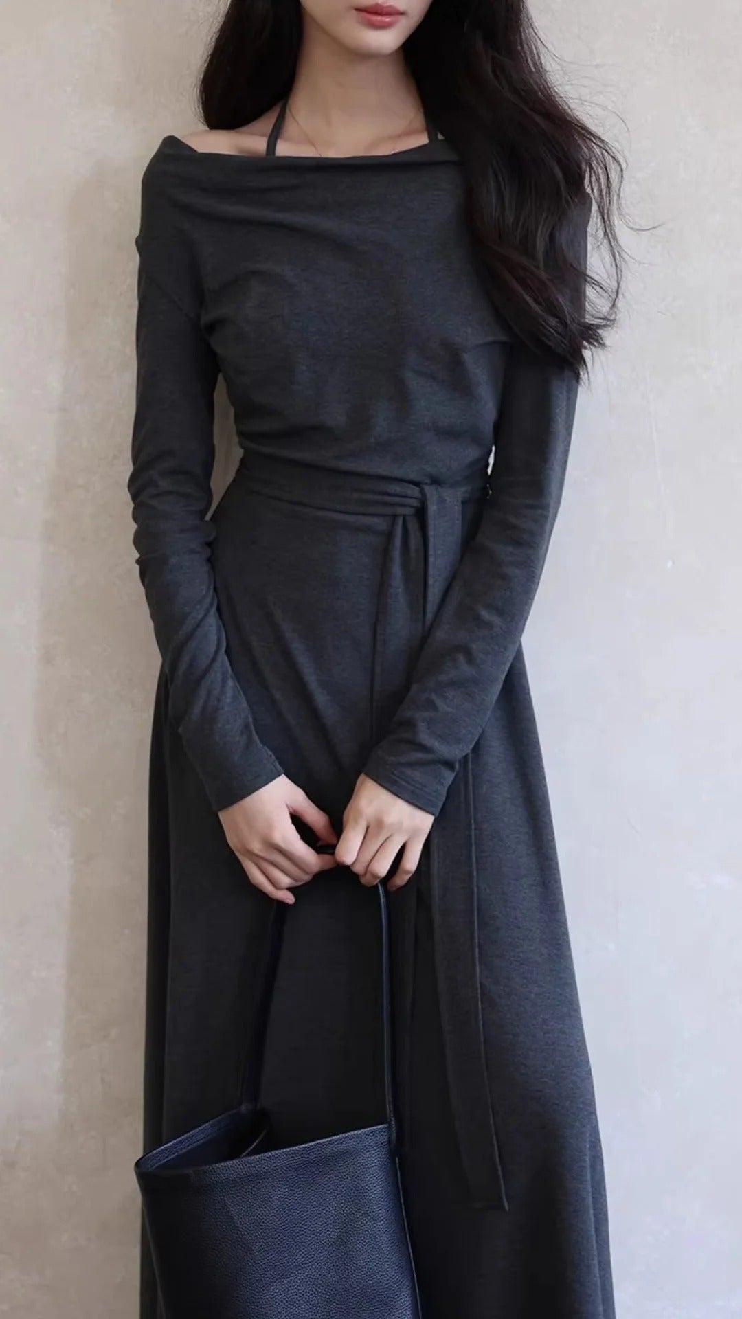 Dark Gray Cowl Neck Long Sleeve Ruched Belted Maxi Dresses  Summer