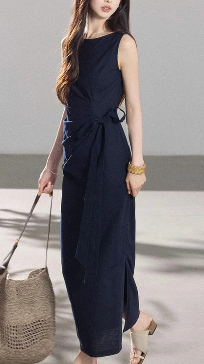 Navy Blue Boat Neck Sleeveless Tie Waist Maxi Dresses Summer