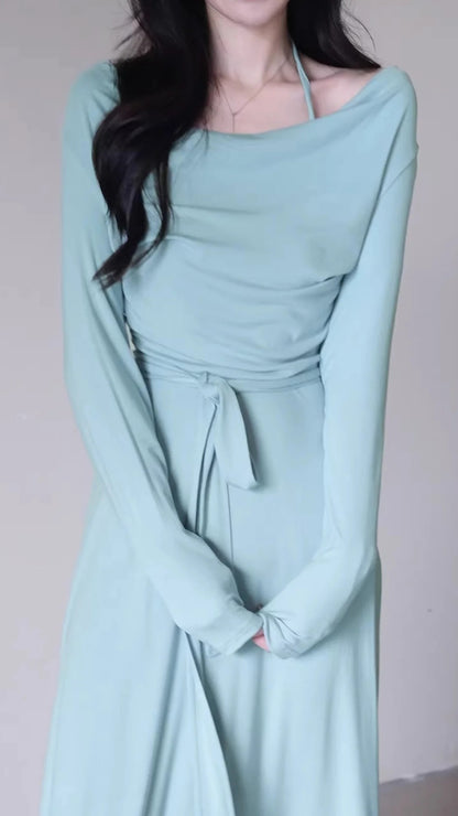 Dark Gray Cowl Neck Long Sleeve Ruched Belted Maxi Dresses  Summer