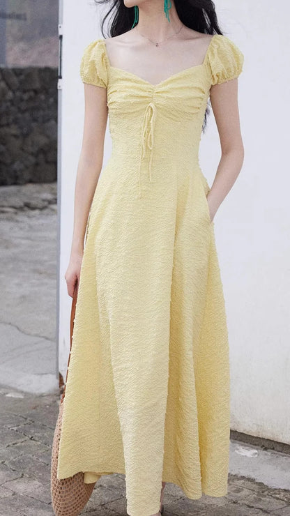 Vintage Yellow Puff Sleeve Midi Dresses