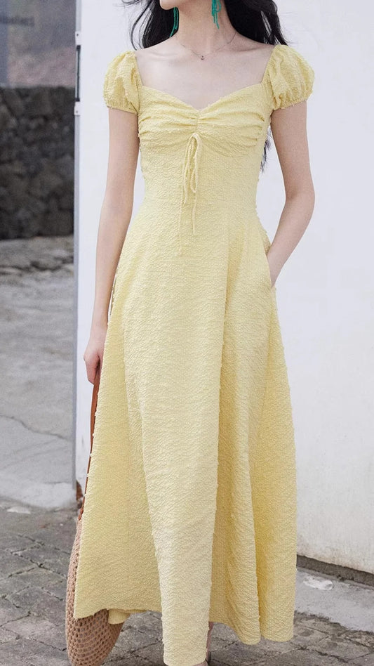 Vintage Yellow Puff Sleeve Midi Dresses