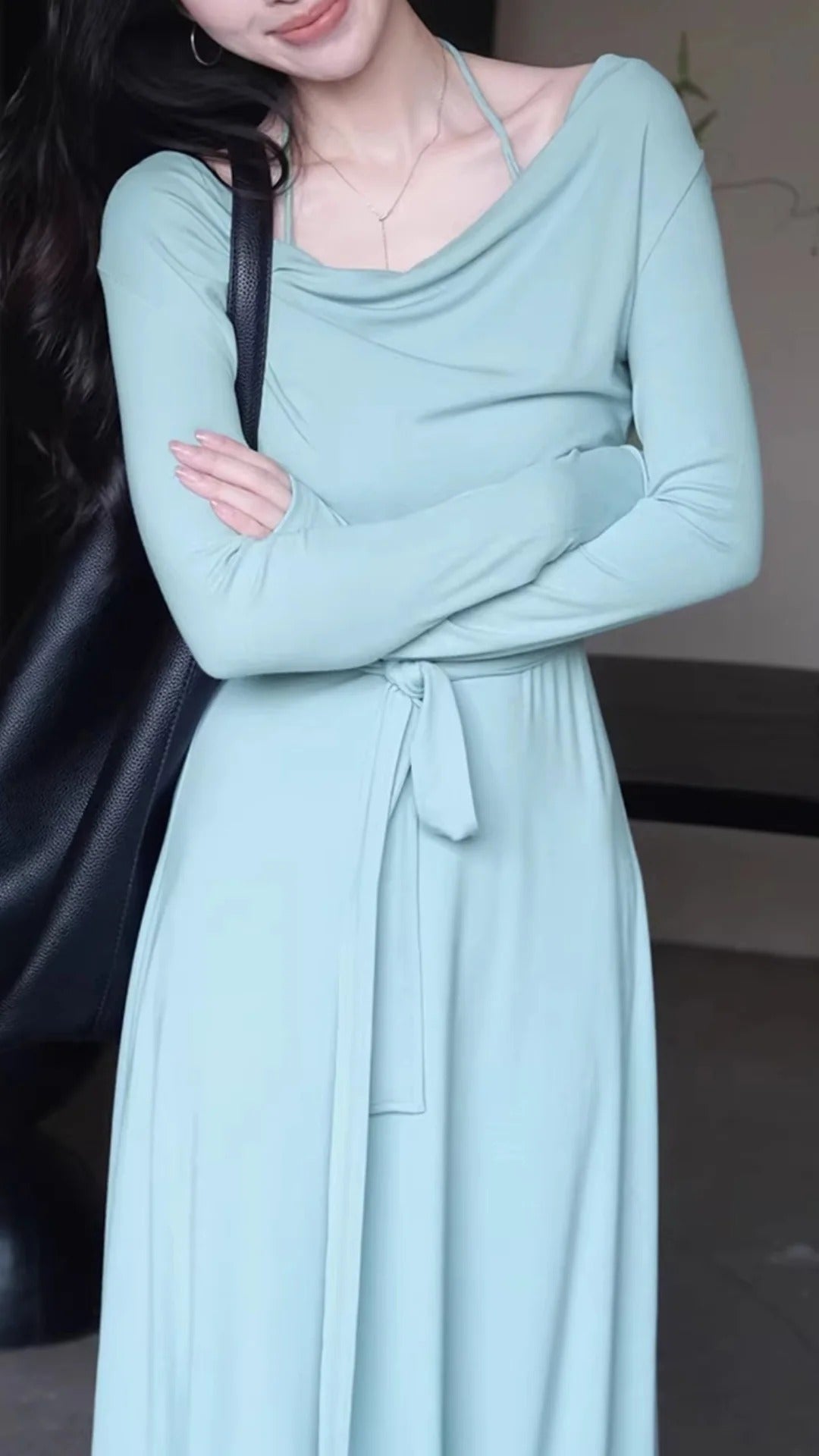 Dark Gray Cowl Neck Long Sleeve Ruched Belted Maxi Dresses  Summer