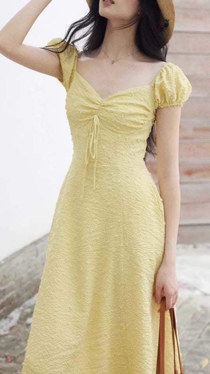 Vintage Yellow Puff Sleeve Midi Dresses
