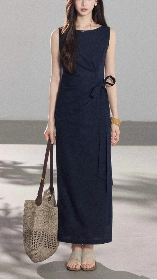 Navy Blue Boat Neck Sleeveless Tie Waist Maxi Dresses Summer