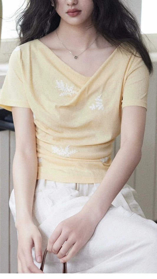 Yellow Cowl Neck Ruched Short Sleeve Top