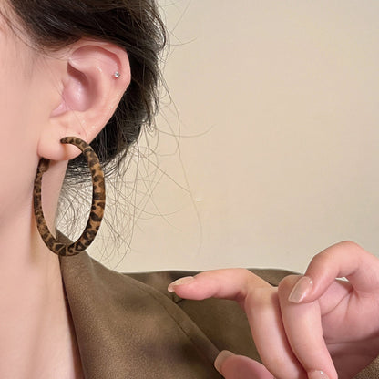 Fabric leopard print geometric round diamond earrings