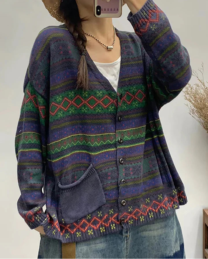 Retro Printed Knit Cardigan Loose V-Neck Long Sleeve Open Front Top