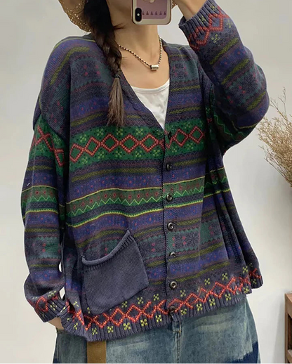 Retro Printed Knit Cardigan Loose V-Neck Long Sleeve Open Front Top