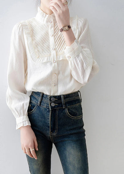French White Ruffled Patchwork Wrinkled Chiffon Shirt Tops Spring