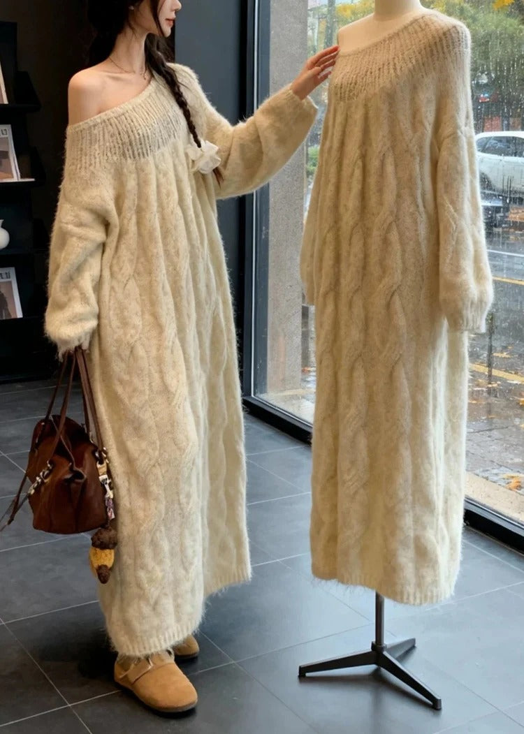 Elegant Beige Cold Shoulder Cable Knit Dress Spring