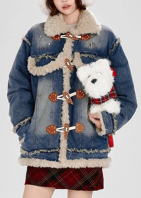 Fashion Blue Fuzzy Fur Patchwork Fine Cotton Filled Denim Coat Winter