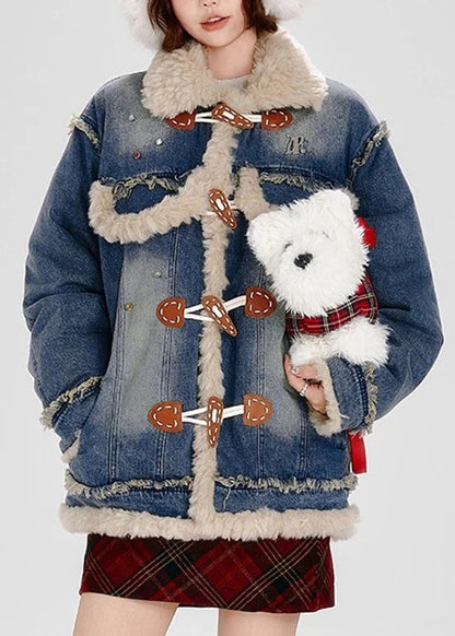 Fashion Blue Fuzzy Fur Patchwork Fine Cotton Filled Denim Coat Winter