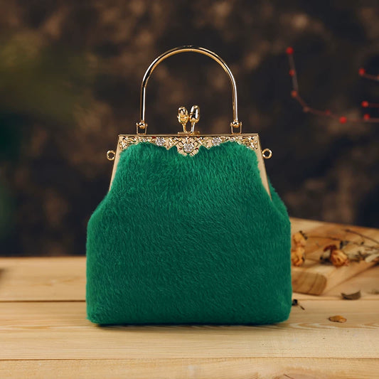 Top Handle Golden Fur Handbag – Women's Spacious