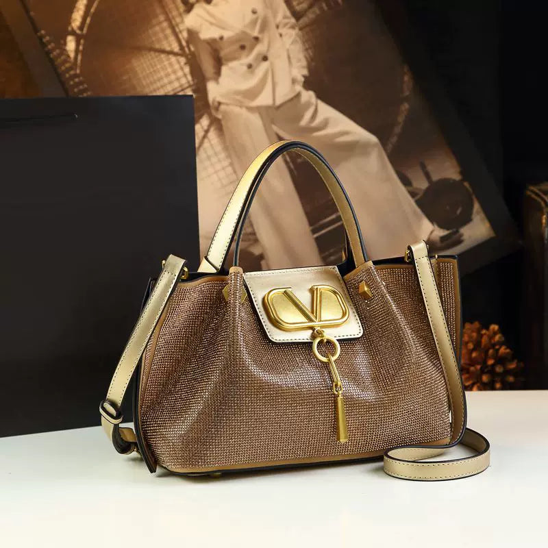 Women's Rhinestone-Embellished Large Capacity Genuine Leather Shoulder Bag