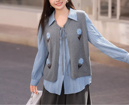 Plus Size V-Neck Striped Shirt Spring Casual Top