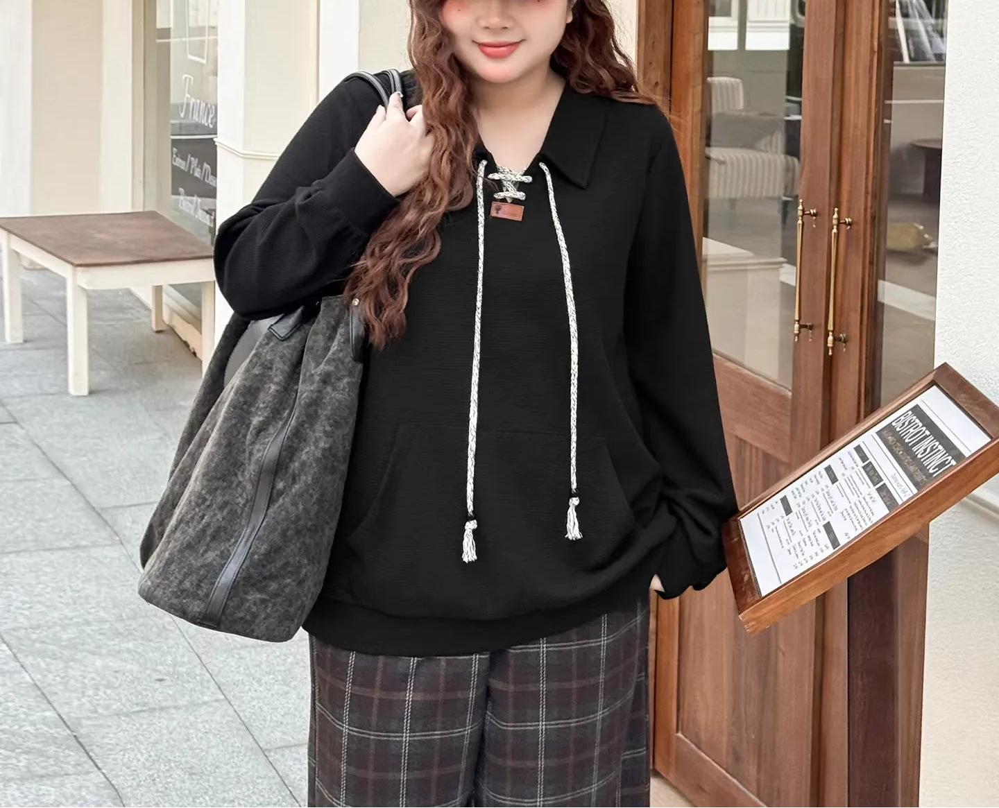Plus Size Casual Streetwear Waffle Lapel Drawstring Sweatshirt