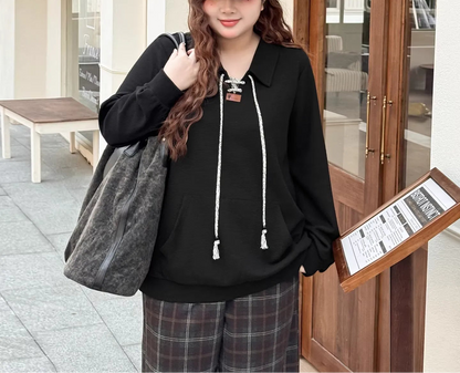 Plus Size Casual Streetwear Waffle Lapel Drawstring Sweatshirt