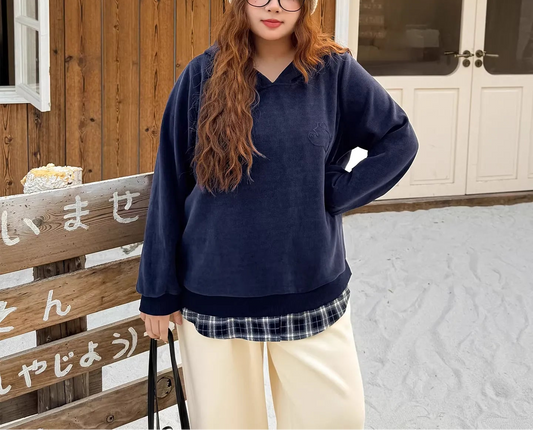 Plus Size Streetwear Fake Two-Piece Hoodie, Winter Knitted Puppy