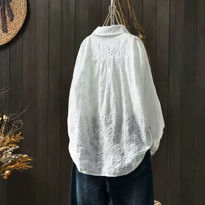 Lace Crochet Embroidery Pure Cotton White Shirt Long Sleeve