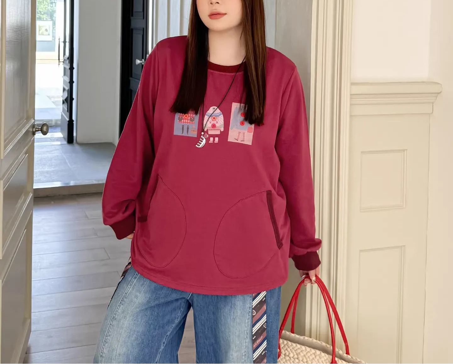 Plus Size Red Crew Neck Print Sweatshirt, 2026 Spring Pocket Top