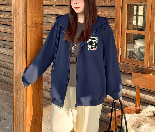 Plus Size Hooded Embroidered Loose Cardigan Sweatshirt Jacket