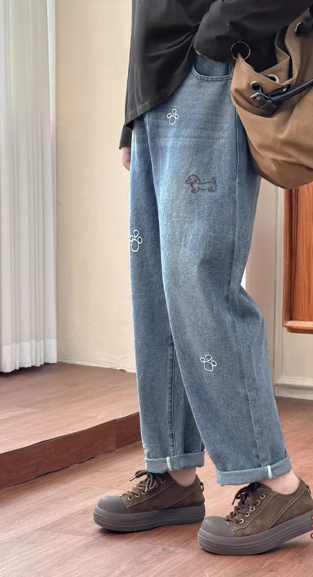 Plus Size Shaping Long Animal Embroidery Denim Wide-Leg Pants