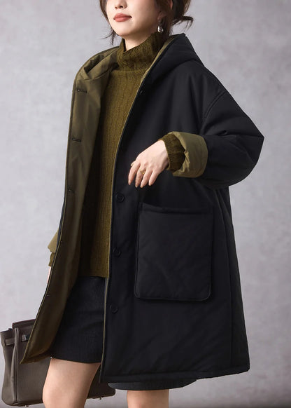 Organic Black Oversized Wear On Both Sides Fine Cotton Filled Hoodie Coat Winter