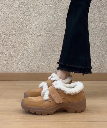 Women Splicing Platform Loafers Camel Suede Fuzzy Wool Lined
