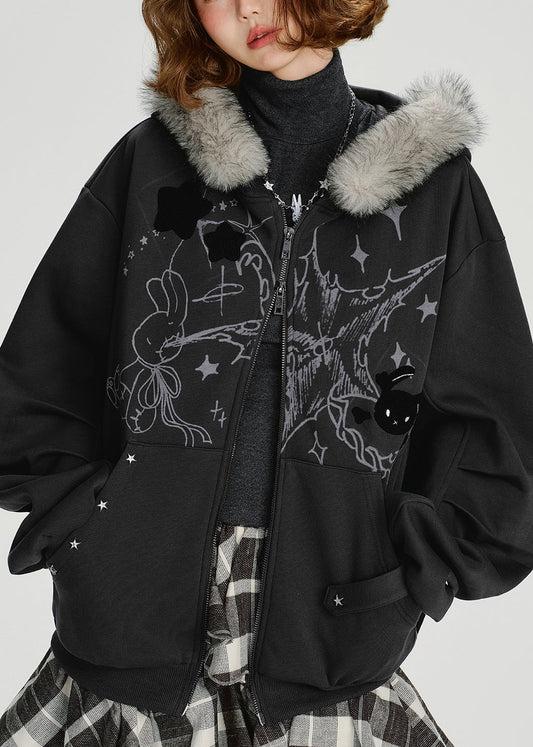 Casual Dark Grey Fur Collar Patchwork Cotton Hooded Coat Spring