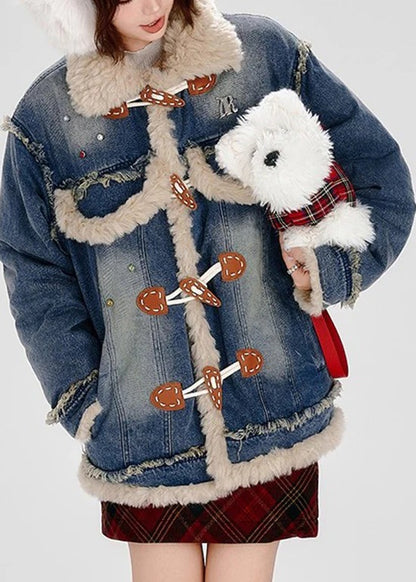 Fashion Blue Fuzzy Fur Patchwork Fine Cotton Filled Denim Coat Winter