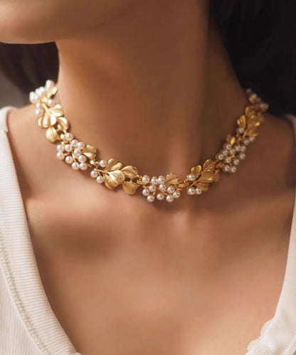 Handmade Pearl Metal Ginkgo Leaf Hollow Necklace Earring Set