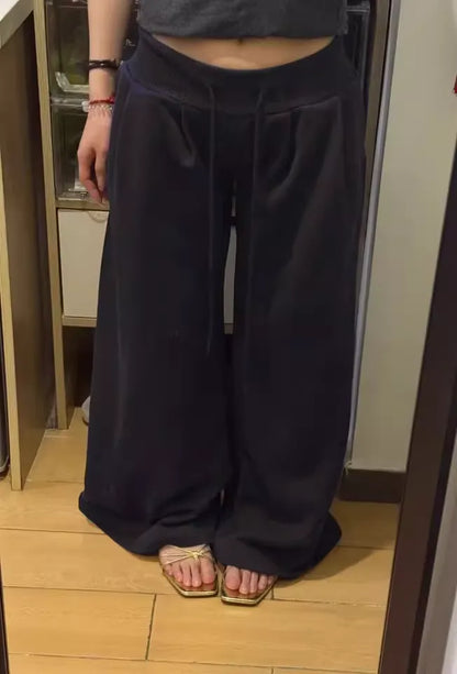 Plus Size Black Draped Loose Wide Leg Sweatpants, Casual & Slimming