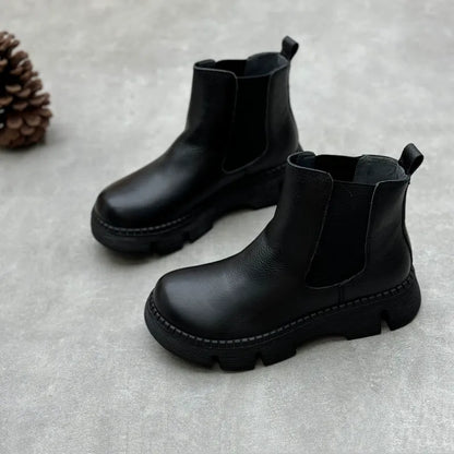 Genuine Leather Chelsea Boots | Women's Round Toe Platform Slip-On