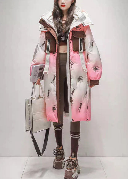 Purple Gradient Color Print Pockets Duck Down Down Winter Coats Hooded