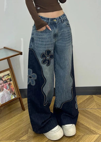 Fitted Colorblock Embroidered Floral Denim Straight Pants Spring
