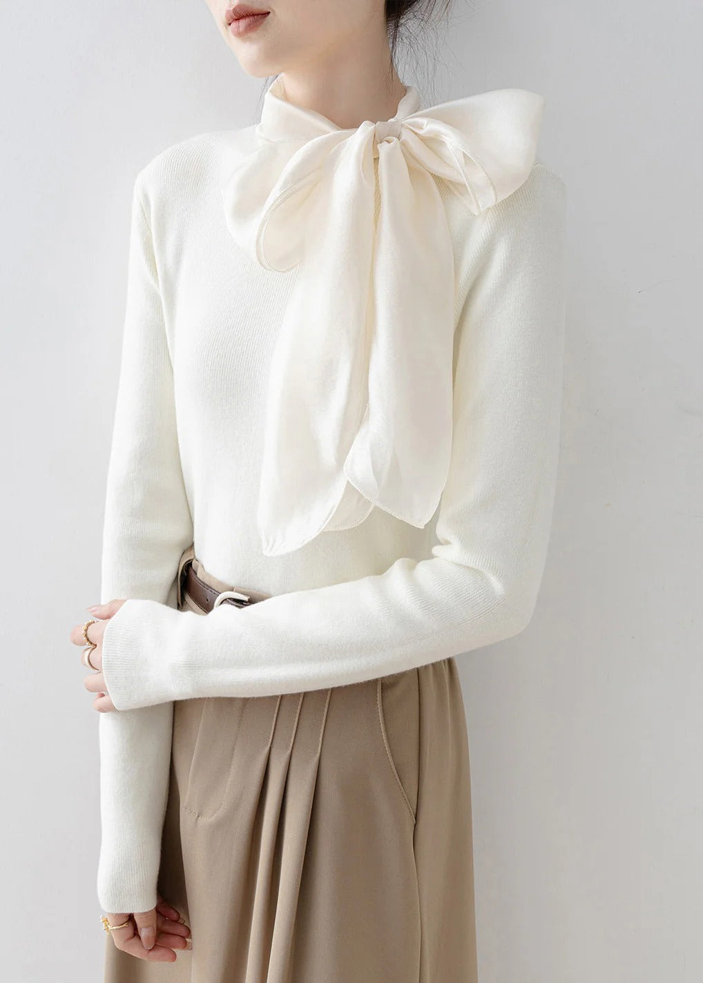 New Apricot Hign Neck Bow Patchwork Knit Sweater Spring