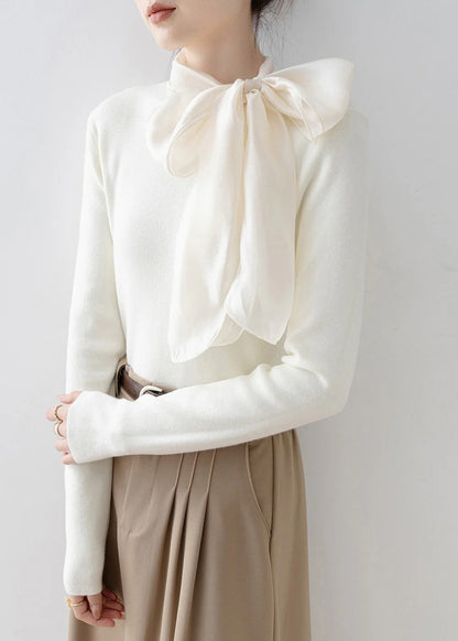 New Apricot Hign Neck Bow Patchwork Knit Sweater Spring
