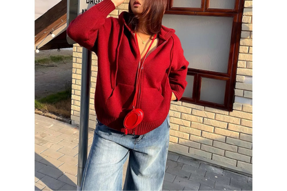 Plus Size Double Zipper Red Outerwear