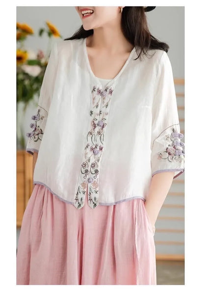 Ethnic Style Linen Embroidery V-Neck Cardigan