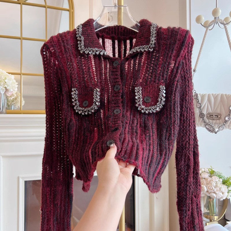 Burgundy Heavyweight Rhinestone Cutout Long Sleeve Sweater