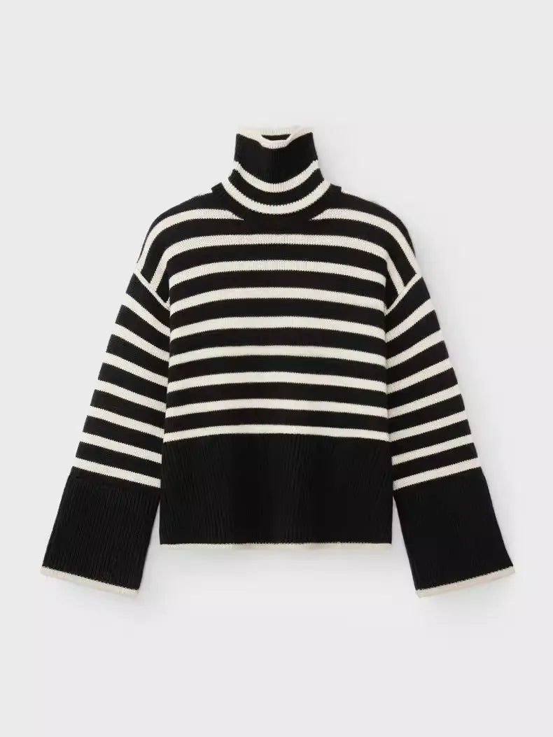 Women's Black & White Stripe Loose Fit Knit Sweater New Arrival