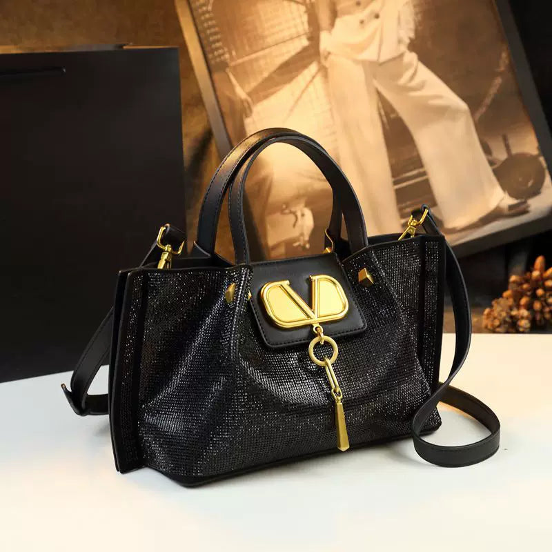 Women's Rhinestone-Embellished Large Capacity Genuine Leather Shoulder Bag