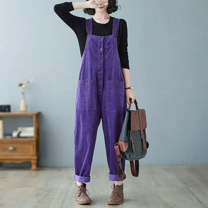 Retro Lazy Corduroy Overalls Winter Loose Slim Suspender Jumpsuit