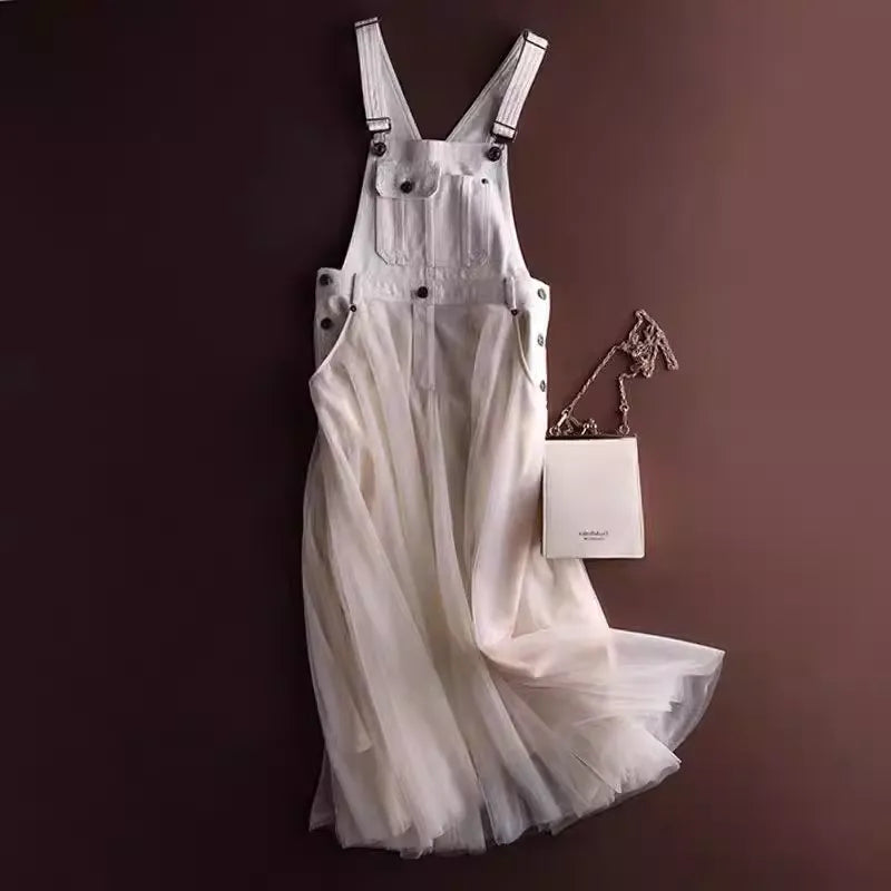 Boho Chic Denim Suspender Skirt with Tulle